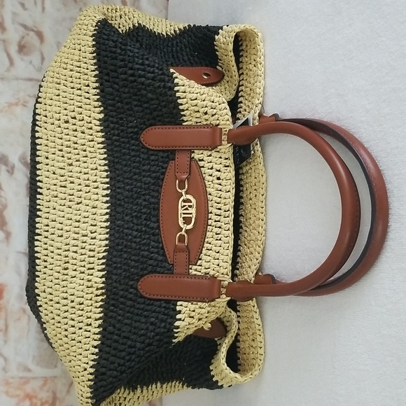 New Ralph Lauren Striped Straw Daphney Tote Bag - Picture 10 of 14
